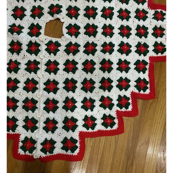 Vintage Crochet Christmas Tree Skirt Granny Squares Handmade 51” Red Green - Picture 9 of 12